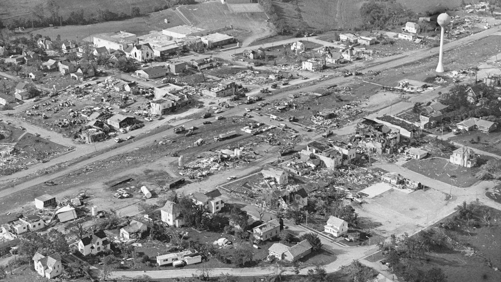 Commercial building and roof damage after a tornado